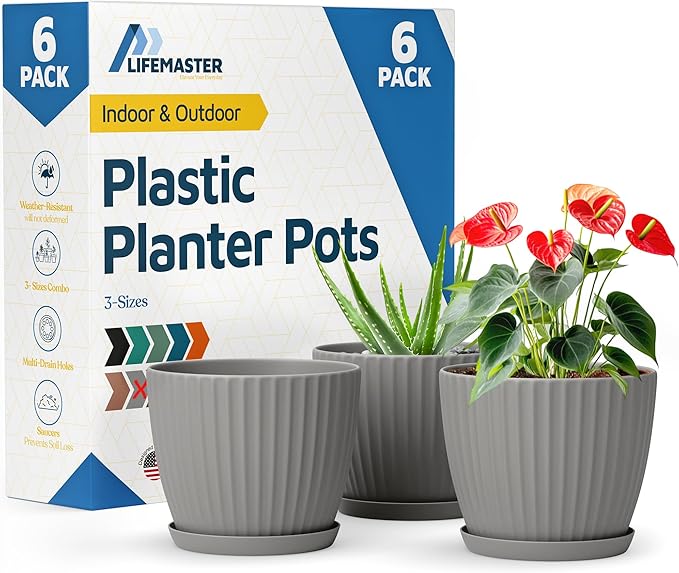 Gray 6-Inch Plant Pots with Drainage & Saucers 6 Pack, Indoor & Outdoor Planters for Houseplants, Herbs, and Flowers, Durable & Weatherproof Material, Stackable, Lightweight, Minimalist Design