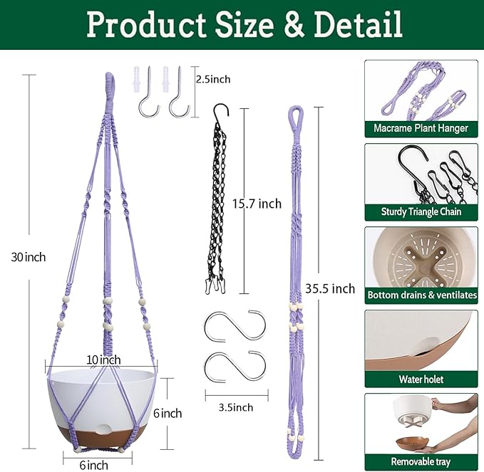 Koalaime 2 Pack Hanging Planters Set,10 Inch Indoor Outdoor Hanging Plant Pot Basket,Hanging Flower Pot with Drainage Hole with 3 Hooks for Garden Home(Purple Hanger White Planters)