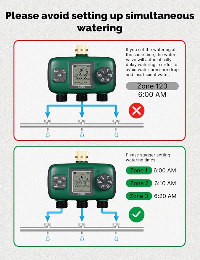 MOES 3 Outlet Sprinkler Timer, Brass Inlet, Programmable Automatic Irrigation Controller, Rain Delay, Manual Watering, 3 Zone Water Hose Timer for Gardens, Lawns