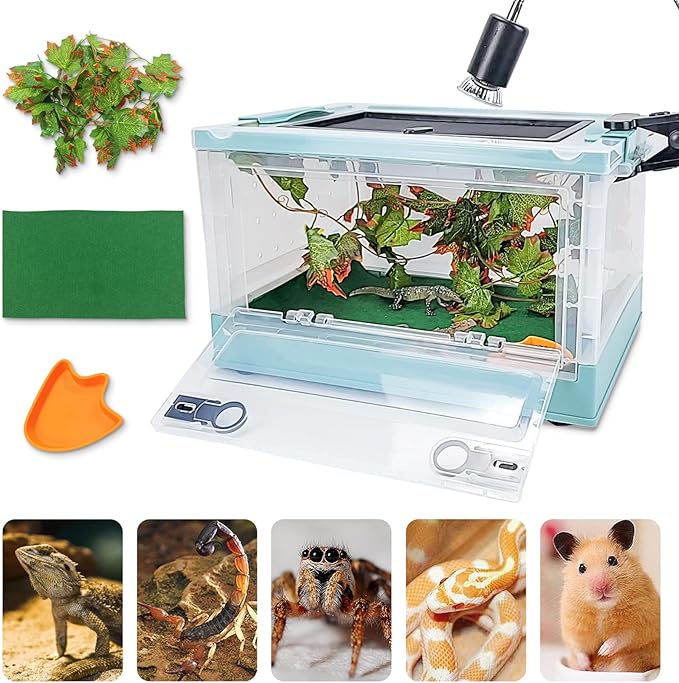 RunDuck Travel Portable Foldable Terrarium Kits for Reptiles -Heat-Resistant Material, Easy to Move with Wheels, Includes Plant, Feeding Bowl, and Carpet for Snakes, Lizards, Tortoises, and Leopard