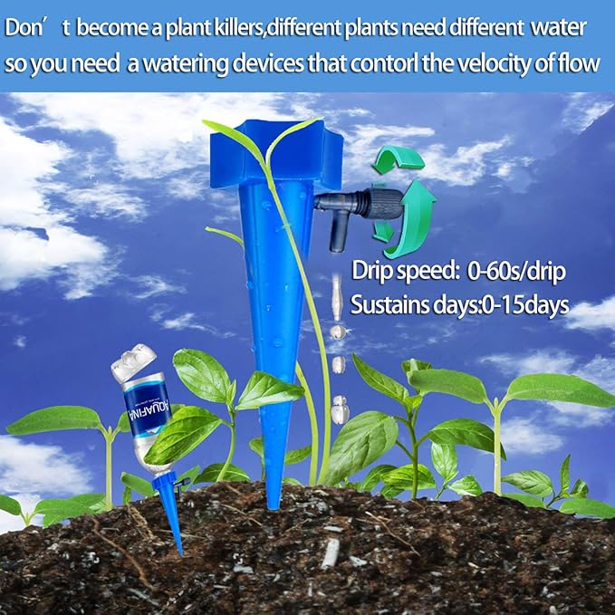 Self Watering Spikes for Indoor Outdoor Plants - 12 Pack Plastic Bottle Garden Drip Irrigation System With Adjustable Control Valve - Automatic Watering Bulbs and Globes