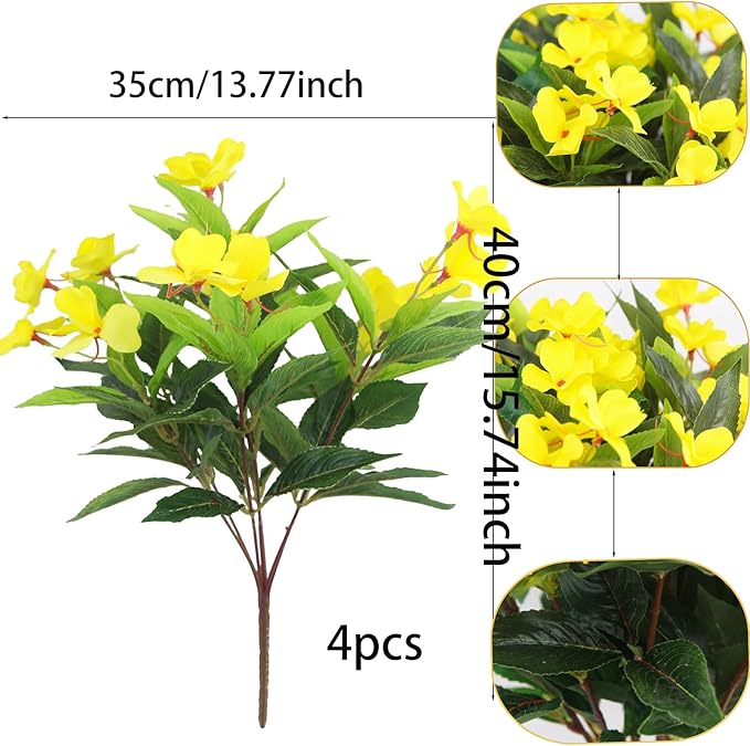CITYES 4 Pcs Artificial Flowers Outdoor Impatiens UV Resistant Silk Impatiens Flowers Yellow Faux Flowers Impatiens Bushes Artificial Impatiens for Pot Patio Lawn Garden Hanging Basket Porch Decor