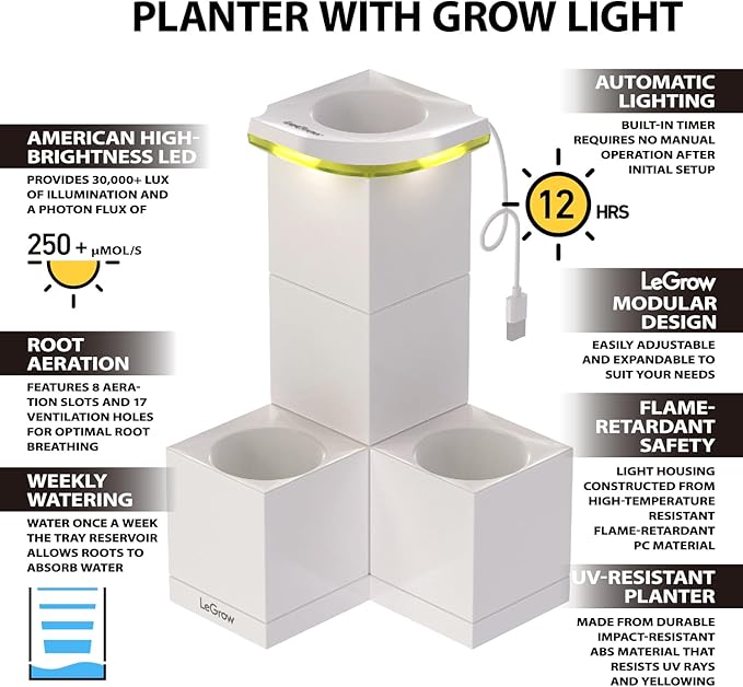 LeGrow Indoor Planter with LED Grow Light, Automatic 12 Hours Timer, 7 Days Watering-Free, 2 Self Watering Pots for Small Plants, Home Decor & Office Desktop, White