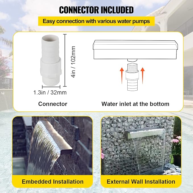 VEVOR Pool Fountain Stainless Steel Pool Waterfall Spillway with Pipe Connector Rectangular Garden Outdoor (11.8")