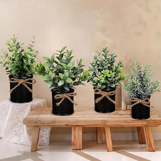 4 Potted Artificial Plants Metal Fake Potted Plant with Iron Pot Mini Greenery Decor Small Faux Plants for Indoor Farmhouse Home Porch Garden Bathroom Room Décor Black