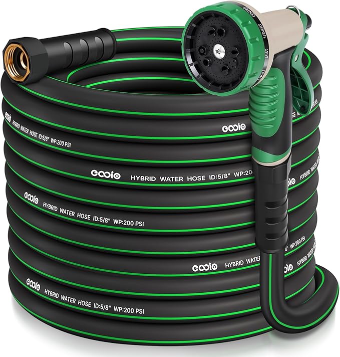 Heavy Duty Garden Hose 75 ft, NON-EXPANDABLE Water Hose with 10 Function Spray Nozzle, Lightweight Kink-less Hybrid Hose with Swivel Handle, Male to Female Fittings