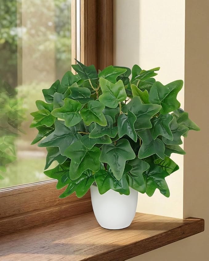 Artificial Ivy Plants in White Pot - 15.7" Fake Nerve Plant Indoor Silk Faux Pothos Ivy Plants Artificial Greenery Potted Small Faux Potted Plant for Office Desk Home Decor Shelf Bathroom Decorations