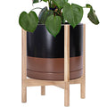 D'vine Dev Ceramic Planter with Natural Stand - 14 Inch Modern Round Flower Pot with Wood Planter Holder, Black/Speckled Tan, 55-B-R-7