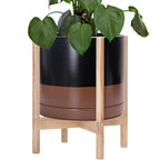 D'vine Dev Ceramic Planter with Natural Stand - 14 Inch Modern Round Flower Pot with Wood Planter Holder, Black/Speckled Tan, 55-B-R-7