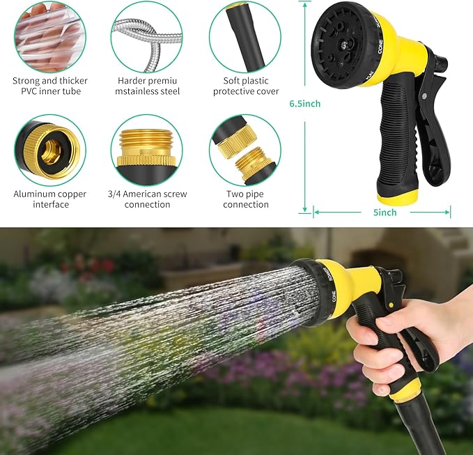 25FT Water Hose, Heavy Duty Stainless Steel Garden Hose with 10 Function Nozzle, Lightweight Metal Hose, No Kink, Leak-proof, Puncture Resistant for Yard, Outdoor, RV