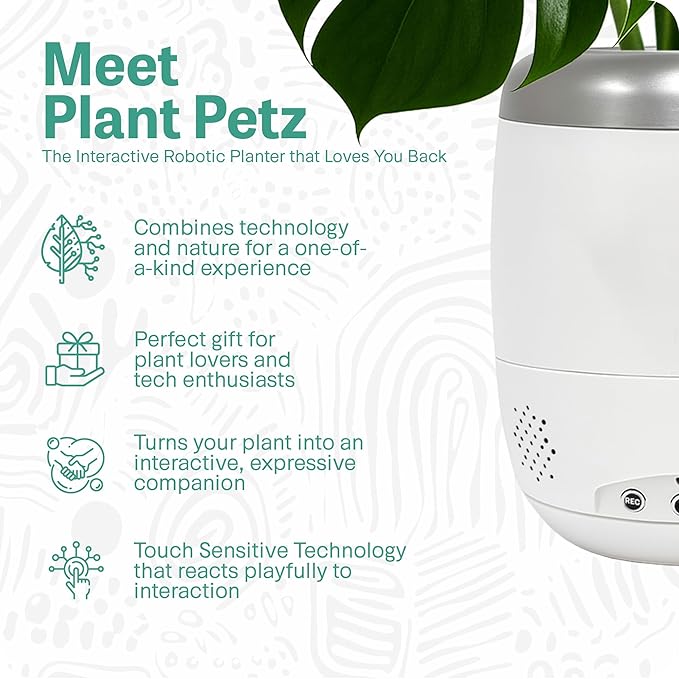 PLANTPETZ Large Robotic Planter – Smart Planter Fits 4 Inch Pots | Bluetooth Speaker | Interactive Smart Plant Pot Turns A Real Plant Into a Touch/Motion Responsive Companion - Pure Ivory White