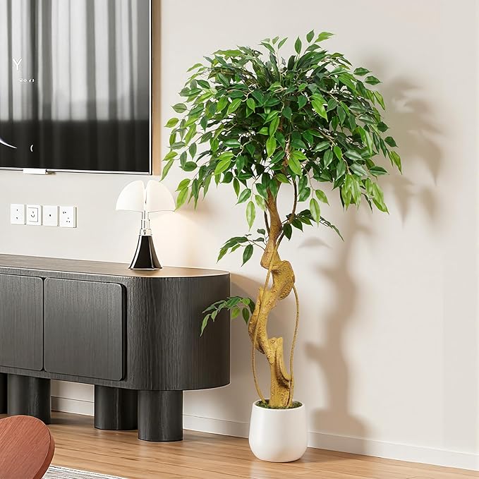 4ft Large Ficus Artificial Trees in White Pot, 48" Tall Fake Silk Tree with Natural Curved Trunk, Lush Faux Ficus Tree for Indoor Home Decor, Living Room, Office & Patio