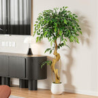 4ft Large Ficus Artificial Trees in White Pot, 48" Tall Fake Silk Tree with Natural Curved Trunk, Lush Faux Ficus Tree for Indoor Home Decor, Living Room, Office & Patio