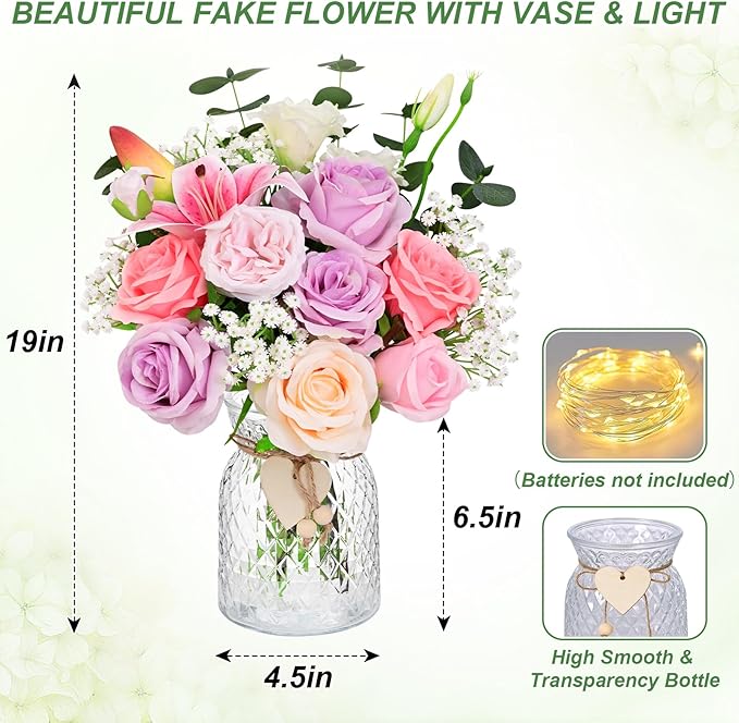 Livole 22Pcs Fake Flowers in Vase Silk Artificial Flowers with Vase & Light Fake Plant Eucalyptus Flower Arrangement for Table Centerpieces Decor for Living Room Coffee Home Farmhouse Purple