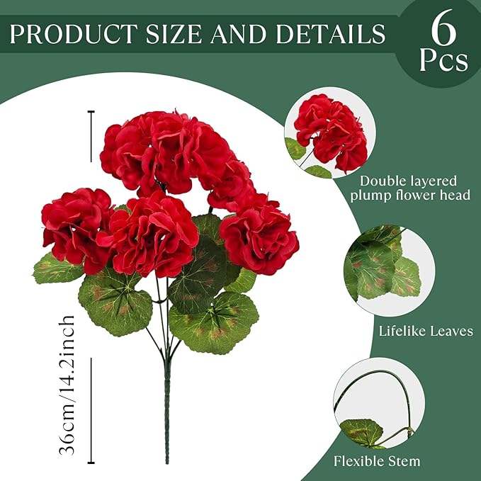 6 Bundles Artificial Geranium Flowers for Outdoors, Realistic Silk Geraniums Fake Flowers UV Resistant Faux Plants for Porch Front Door Planter Patio Balcony Outside Decor (Red)