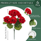 6 Bundles Artificial Geranium Flowers for Outdoors, Realistic Silk Geraniums Fake Flowers UV Resistant Faux Plants for Porch Front Door Planter Patio Balcony Outside Decor (Red)