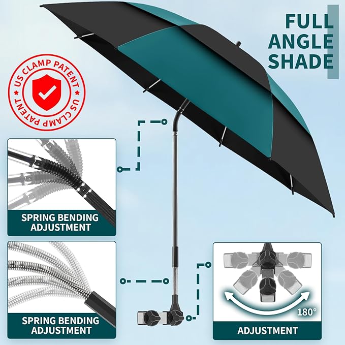2 Pack 48.6" Double Canopy Beach Umbrella with Clamp, UPF50+ Beach Chair Umbrella with clip, 360°Adjustable Portable Outdoor(Hunter Green/Black, Not Include Chair)