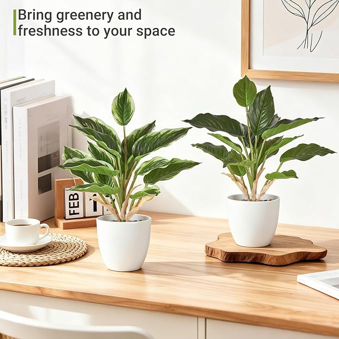 Mkono 2 Pack Fake Plants in Pot, 11" Potted Artificial Plants for Home Decor Indoor Faux Green Leaf Plant with Modern White Planter for Desk Shelf Office Room Decoration (Pothos)
