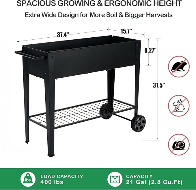 31.5" Tall Raised Garden Bed with Wheels, Extra 15.7" W Planter Box (400 lbs Loads) with Storage Shelf & Handle,Heavy Duty Metal Garden Planter for Vegetables, Herbs & Flowers, Patio & Balcony