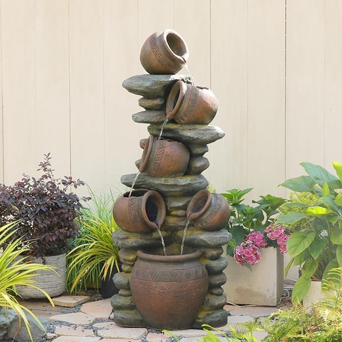 60" H Large Outdoor Water Fountain, 5-Tier Cascading Waterfall Fountain Feature with LED Lights, Rustic Crock Garden Water Feature for Patio, Backyard, Porch, Indoor & Outdoor Décor