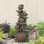 60" H Large Outdoor Water Fountain, 5-Tier Cascading Waterfall Fountain Feature with LED Lights, Rustic Crock Garden Water Feature for Patio, Backyard, Porch, Indoor & Outdoor Décor