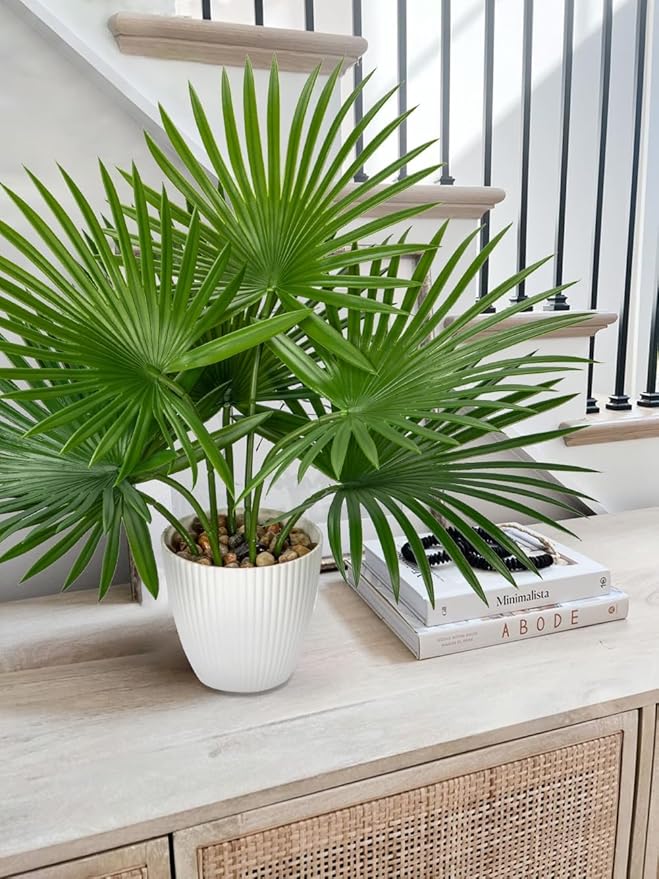 GnFlus Artificial Palm Plant 15 Inch Fake Tropical Potted Plants Faux Palm Leaves in Pot for Home Indoor Tabletop Centerpieces Living Room Bedroom Decoration