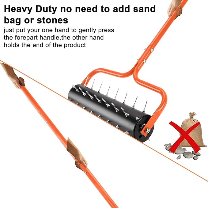 21" Rolling Lawn Aerator, 45 Preassembled Spikes, Only Needs 3-5 Minutes to Assemble, No Looseness, Good Package, 75" Long Handle with Quick Clip Connections, U-Shape Construction - Orange.