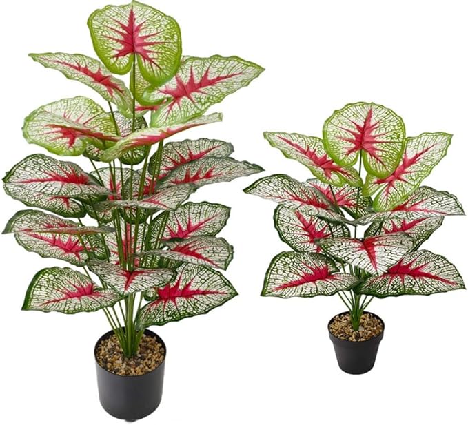 Artificial Caladium Plant with Red and Green Leaves, Red Leaf Artificial Plants Decoration Simulated Bonsai Potted Decor Home Room Party Wedding Office Floor (White(No Flowerpot), 85cm)