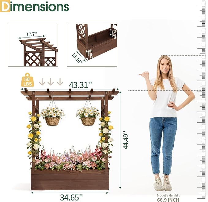 Outvita Raised Garden Bed with Trellis, Wood Planter Box with Hanging Roof, Side Trellis and Drainage Holes, Above Ground Elevated Garden Bed for Outdoor Climbing Plants Vegetables(Carbonized Color)
