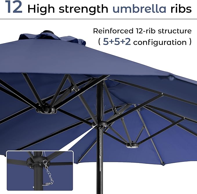 DomeShade 15ft Patio Umbrella with Base,Large Outdoor Double-Sided Rectangle Umbrella with Crank Handle, Market Umbrella for Poolside Garden Deck Backyard Beach Pools, Navy Blue