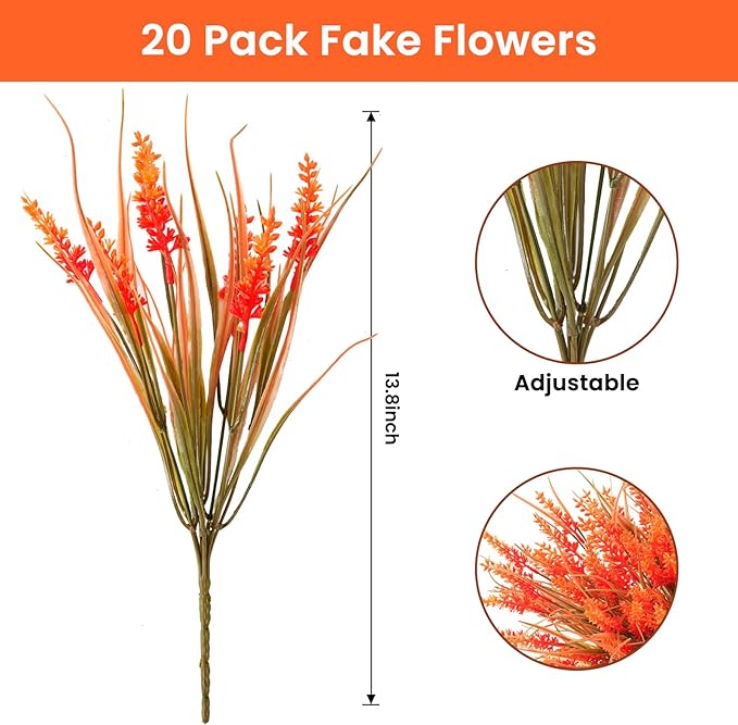 20 Bundles Artificial Plants Outdoor, UV Resistant Fake Flowers, Realistic Faux Lavender Shrubs for Porch Garden Window Box Home Decoration (Fall Orange)
