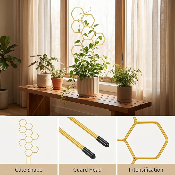 1PCS 13.78 Inch Small Indoor Plant Trellis for Pots, Honeycomb Trellis,Gold Metal Plant Climbing Support Stake for Pothos, Vines, Climbing Houseplants
