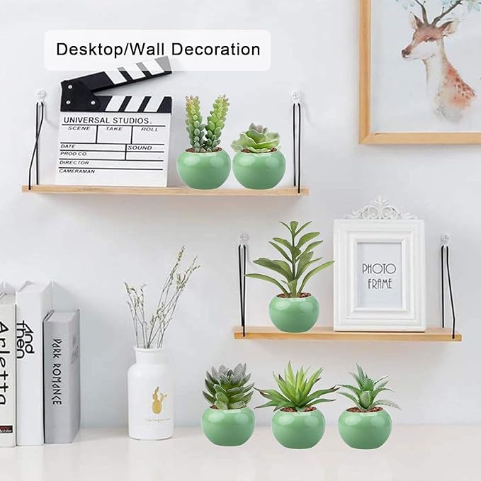 GREENTIME 6 Pcs Artificial Succulent Plants Bulk in Mini Ceramic Pots Small Fake Succulent Plant Faux Indoor Decor Bedroom Desk Bathroom Office Living Room Table Shelf Home Decoration (Green)
