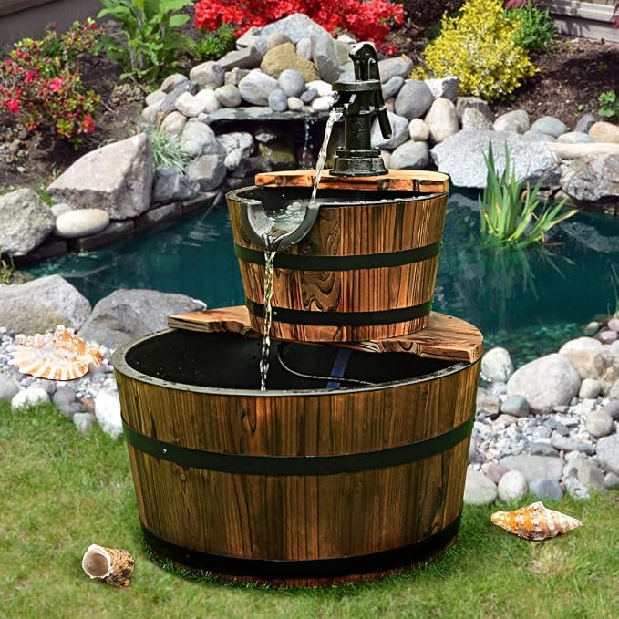 FANTASK 2 Tier Barrel Waterfall Fountain, Outdoor Barrel Water Fountain with Hand Pump Rustic Solid Wood Construction, Outside Cascading Waterfall Fountain for Garden, Backyard, Patio, Porch, Yard
