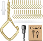 30 Pcs Outdoor Hooks for String Lights,Screw Hooks for Hanging Plants,Ceiling Hooks with Safety Buckle,Square Hanger for Wind Chimes,Bird Feeder,Lanterns,Christmas Decorations Gold