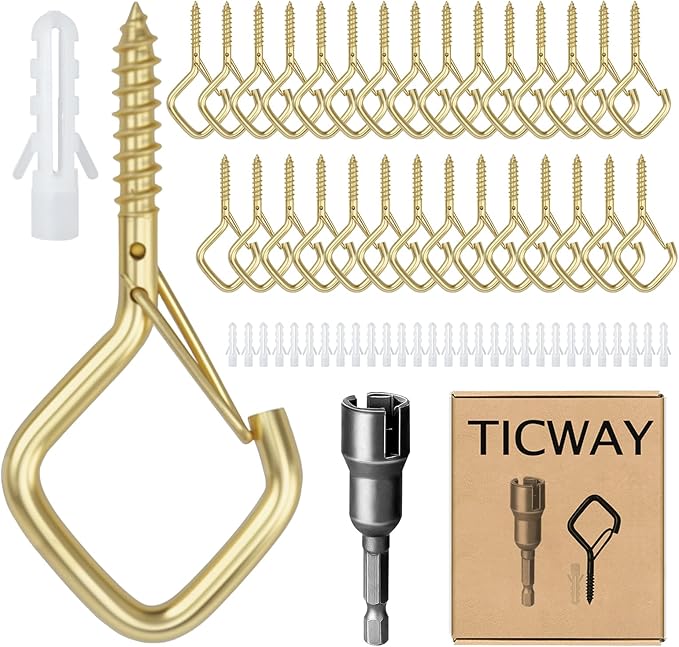 30 Pcs Outdoor Hooks for String Lights,Screw Hooks for Hanging Plants,Ceiling Hooks with Safety Buckle,Square Hanger for Wind Chimes,Bird Feeder,Lanterns,Christmas Decorations Gold