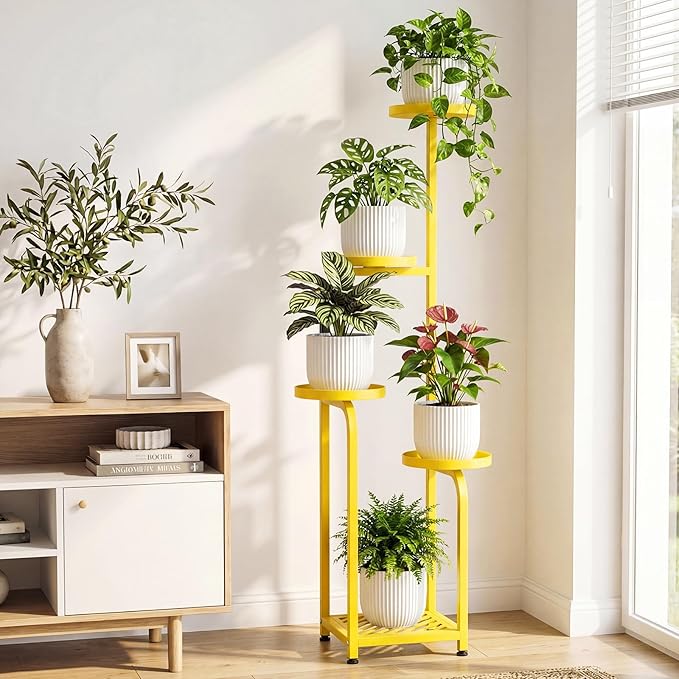 TOSKING 5 Tier Tall Plant Stand Indoor Outdoor,Anti-Tip Plant Stand indoor, Wide Base for Pots, Child and Pet Friendly,Heavy Duty Corner Shelf for Plants & Decor, Space Saving ,Tiered Metal Flower Pot Stand for Balcony, Garden, Living Room, Patio (Yell...