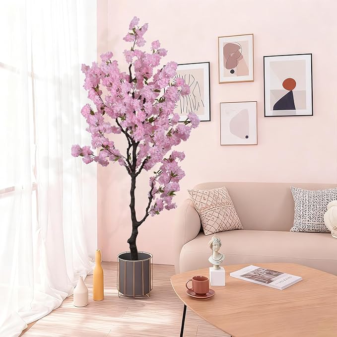 Artificial Pink Cherry Blossom Tree 7ft(84in) Tall Fake Silk Leaves Indoor Decor Handmade Lifelike Sakura Tree for Wedding Realistic Cherry Plant in Pot for Home Living Room,Office,Outdoor Decor
