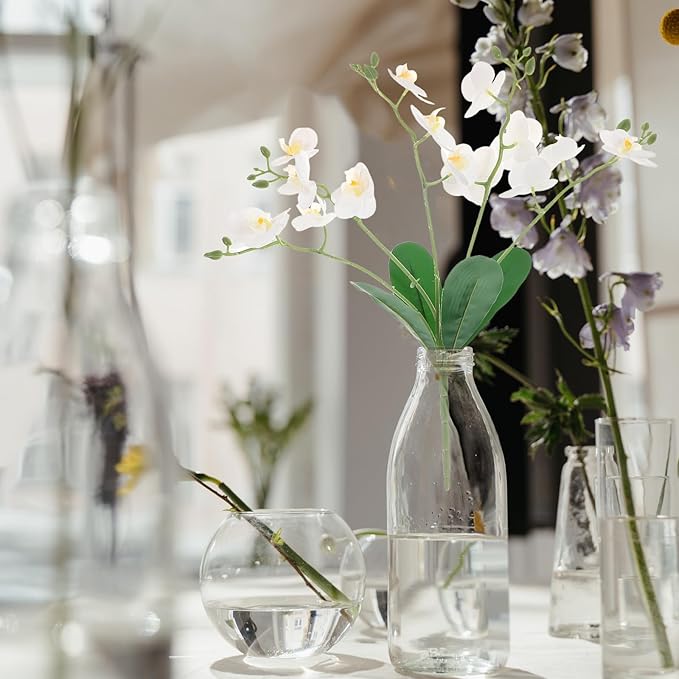 Baluue Artificial Phalaenopsis Orchid Stem Faux Leaves White Butterfly Orchid Flower for Indoor Home Decor Living Room Wedding Event Floral Arrangement
