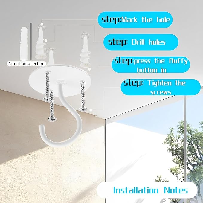Ceiling Hooks for Hanging Plants-Metal Heavy Duty Wall Mounted Hangers for Hanging Bird Feeders, Planters, Wind Chimes, Include Professional Drywall Anchors(3-Pack) (White)