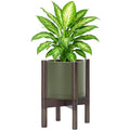 D'vine Dev Planter Pot with Stand - 8 Inch Plastic Cylinder Flower Pot with Wood Planter Holder for Indoor, Olive Pot + Walnut Color Stand, 55-C-I-3