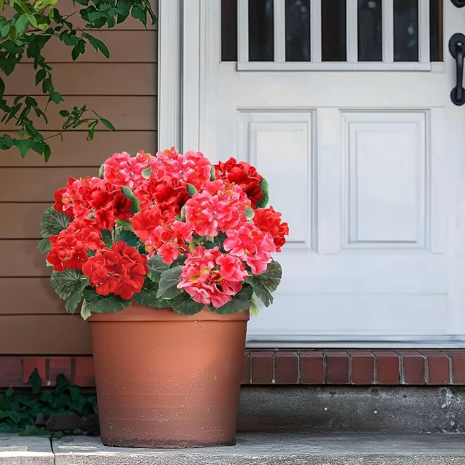 TURNMEON 2 Pack Artificial Geranium Fake Flowers for Outdoors Spring Summer Decor, Silk Geraniums Flowers UV Resistant Faux Flower Potted Plants for Gardens Farmhouse Indoor Home Table Decor (Mixed)