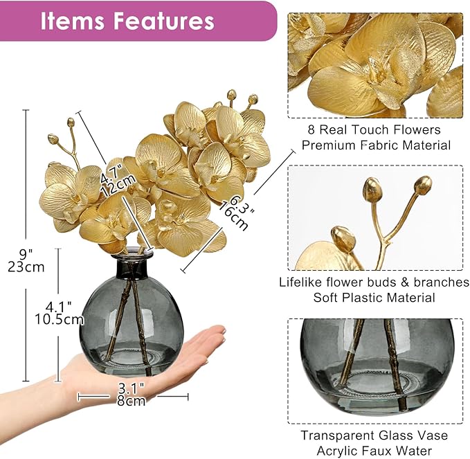 Oairse Gold Orchids Artificial Flowers Faux Orchid Arrangement with Black Glass Vase Set of 2 Real Touch Phalaenopsis Orchid Flowers Orchids Centerpiece for Dining Room Table
