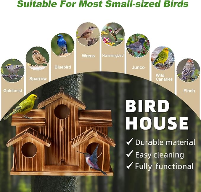 Bird House for Outside 5 Hole Bird Houses Room for 5 Bird Families Large Bird House for Garden/Courtyard/Backyard for Garden Decor-Finch Bluebird Cardinals Handmade Wooden Hummingbird House