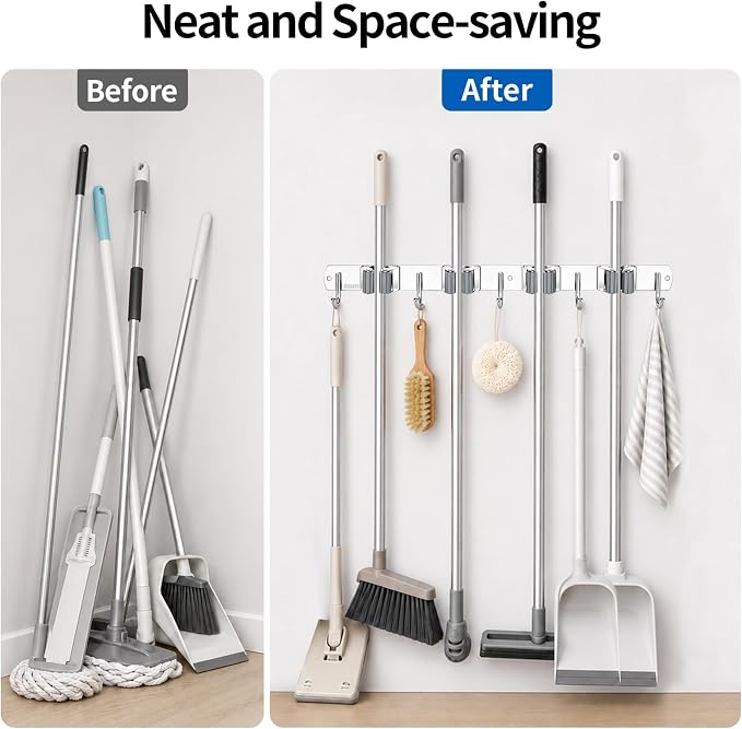4 Racks and 5 Hooks Mop and Broom Holder Wall Mount, 304 Stainless Steel Broom Hanger Organizer for Home Kitchen Garden Laundry Garage