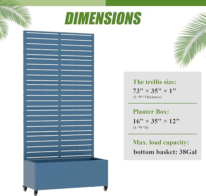 Casaphoria Metal Raised Garden Bed with Trellis and Wheels, 72"x35"x16" Planter Box for Climbing Plants, Vegetables & Vines, Features Drainage Holes and Privacy Screen, Blue-Louvered