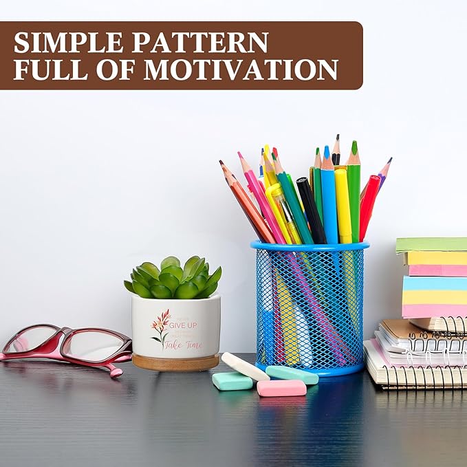 Funnymoom 6 Pcs Inspirational Succulent Pot Bulk Teacher Appreciation Gift Floral Ceramic Planter with Bamboo Tray Thank You Gifts for Volunteer Coworker Employee Office, Plant Excluded (Classic)