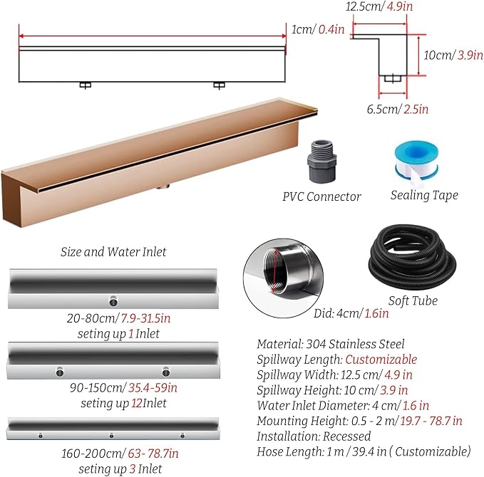 Pond Spillway Waterfall Box 20-200CM with 1M Soft Tube & Sealing Tape, PVC Connector, Light Grey, 30cm Wide Outlet for Garden Pond Waterfall Overflow