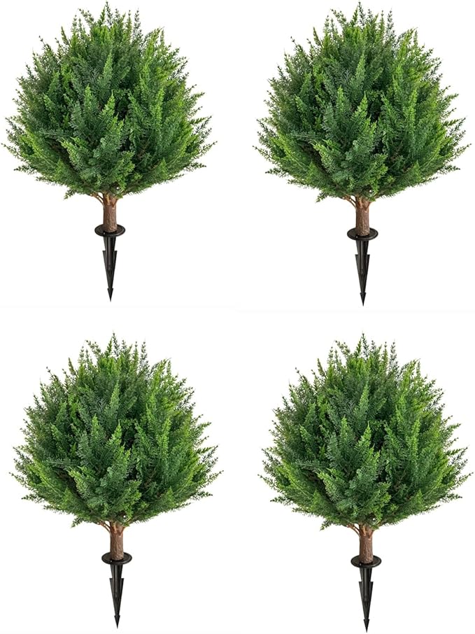 24.5Inch Artificial Cedar Topiary Ball Trees Set of 4 - UV Resistant Faux Shrub Bushes with Ground Spike, Indoor/Outdoor Artificial Plants for Front Porch, Garden, Patio & Planters