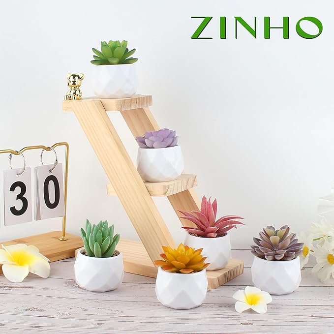 ZINHO Fake Succulent Plant Set 6 PCS Artificial Succulent Plants for Desk Realistic Faux Succulents in Plastic Pots Mini Colorful Succulent Decor for Bedroom Bathroom Office Shelf Decor (Mix)